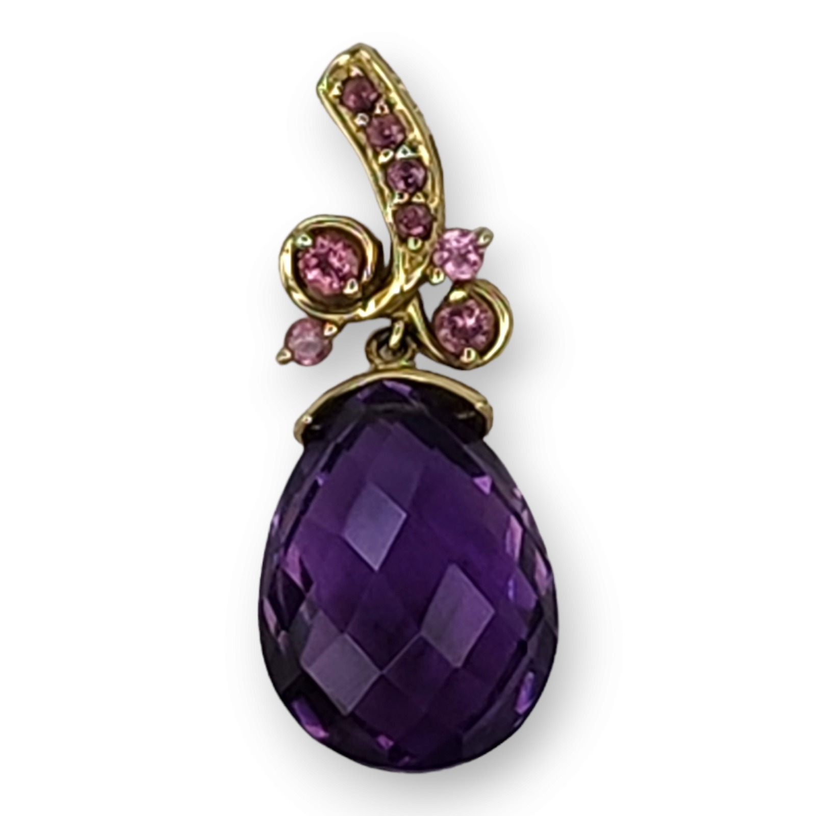 Pendant 10kt Yellow Gold Amethyst Pink Tourmaline Vintage Large Faceted Purple